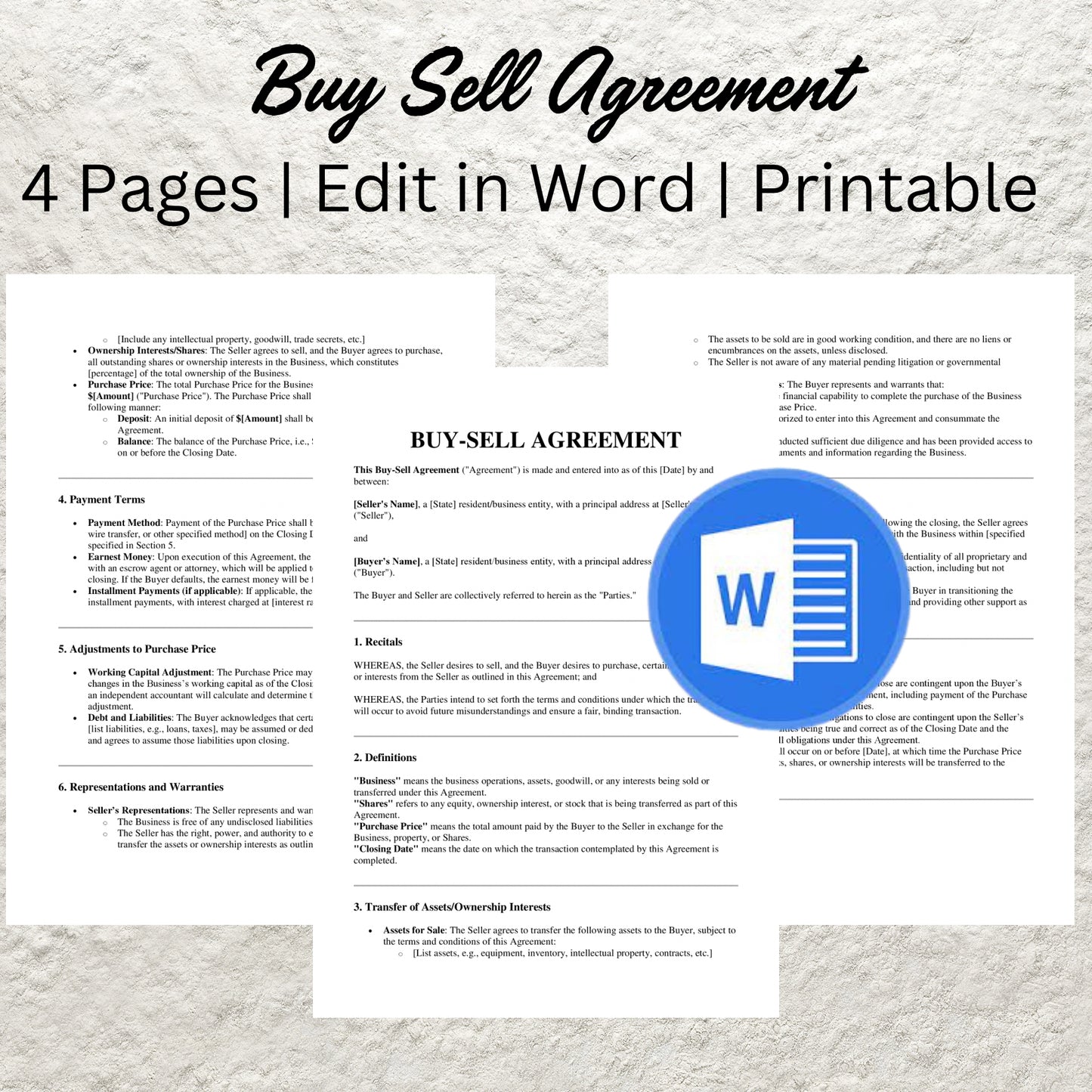 Buy-Sell Agreement Template Editable Professional Goods Sale Contract Printable Buy-Sell Agreement Form Business Form for Buyers and Sellers