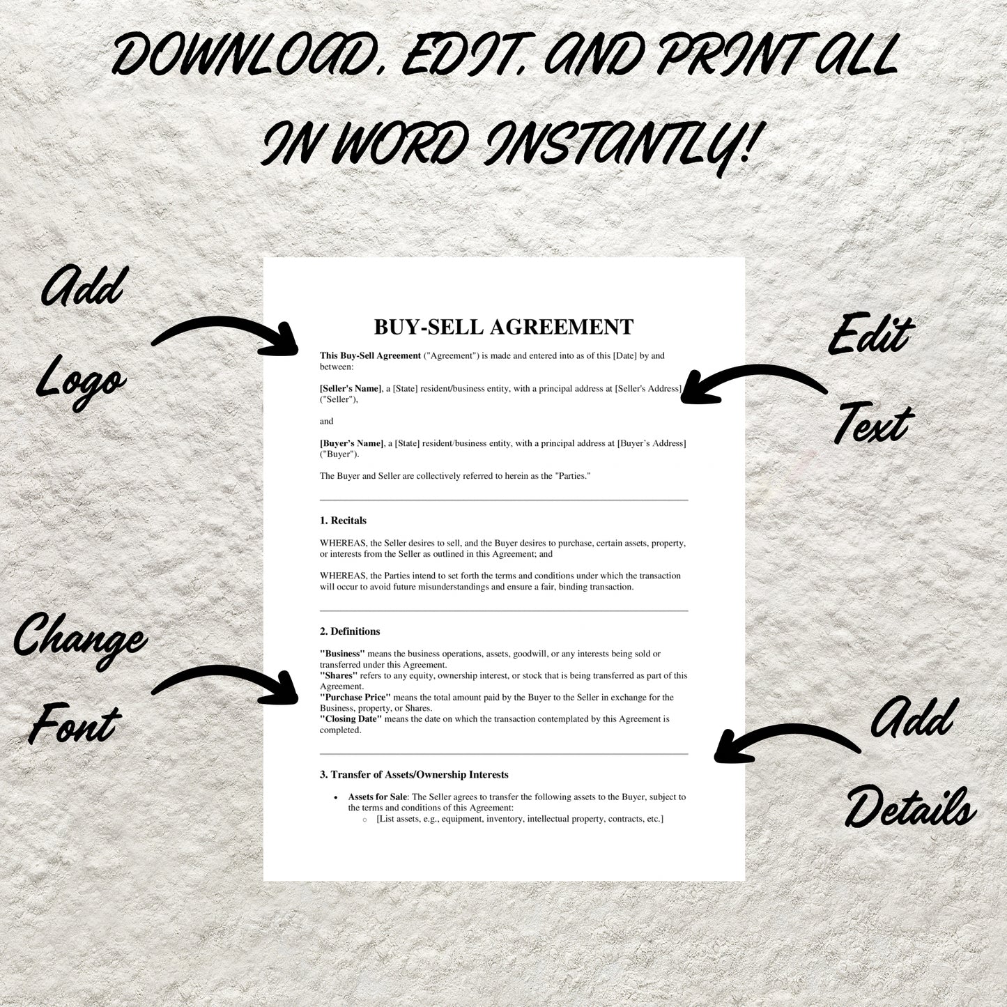 Buy-Sell Agreement Template Editable Professional Goods Sale Contract Printable Buy-Sell Agreement Form Business Form for Buyers and Sellers