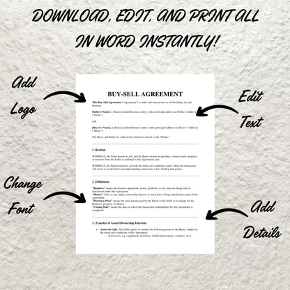 Buy-Sell Agreement Template Editable Professional Goods Sale Contract Printable Buy-Sell Agreement Form Business Form for Buyers and Sellers