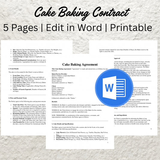 Cake Contract Template Editable Cake Baking Service Agreement Printable Wedding Cake Contract Cake Baking Bakery Business Business Form