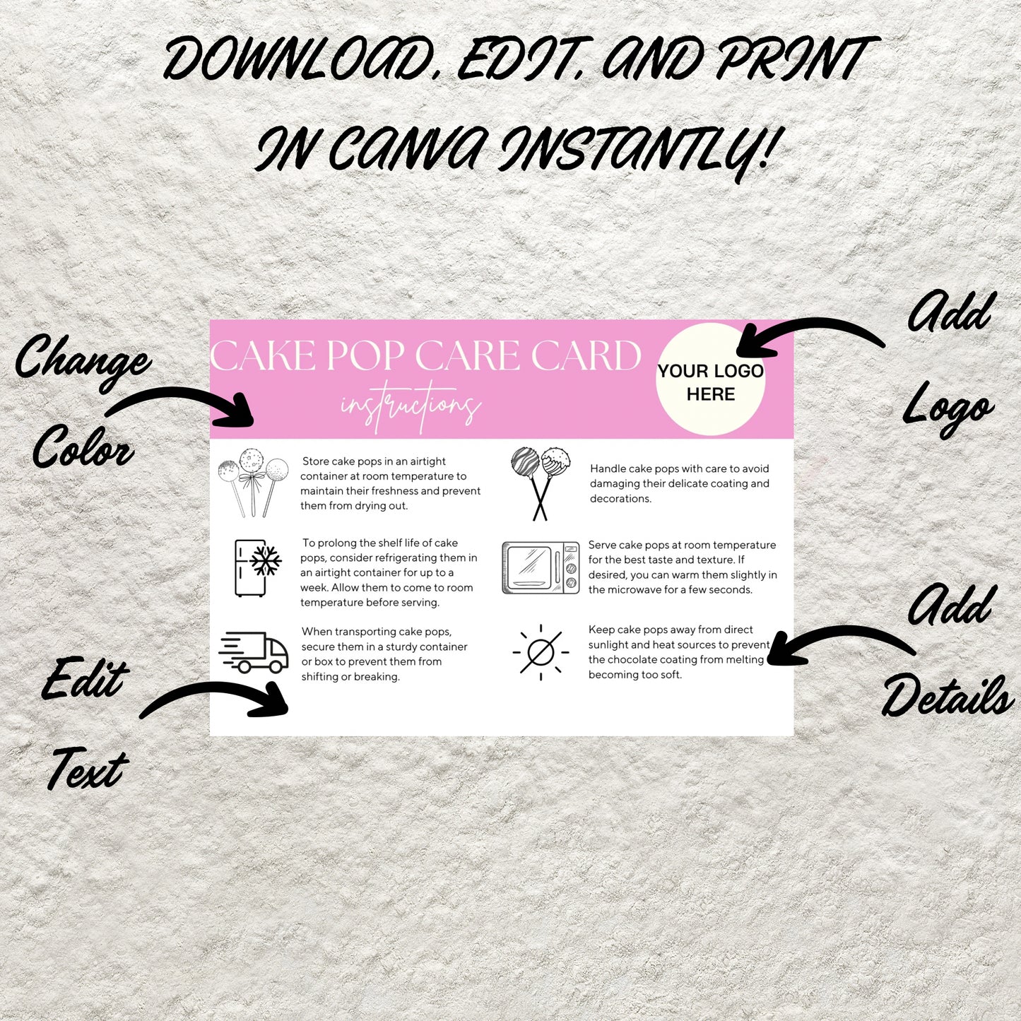 Cake Pop Care Card Canva Template Editable Cake Pops Care Instructions Cake Lolly Care Guide Printable Cake Pop Storage Order Inserts