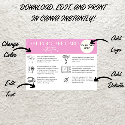 Cake Pop Care Card Canva Template Editable Cake Pops Care Instructions Cake Lolly Care Guide Printable Cake Pop Storage Order Inserts