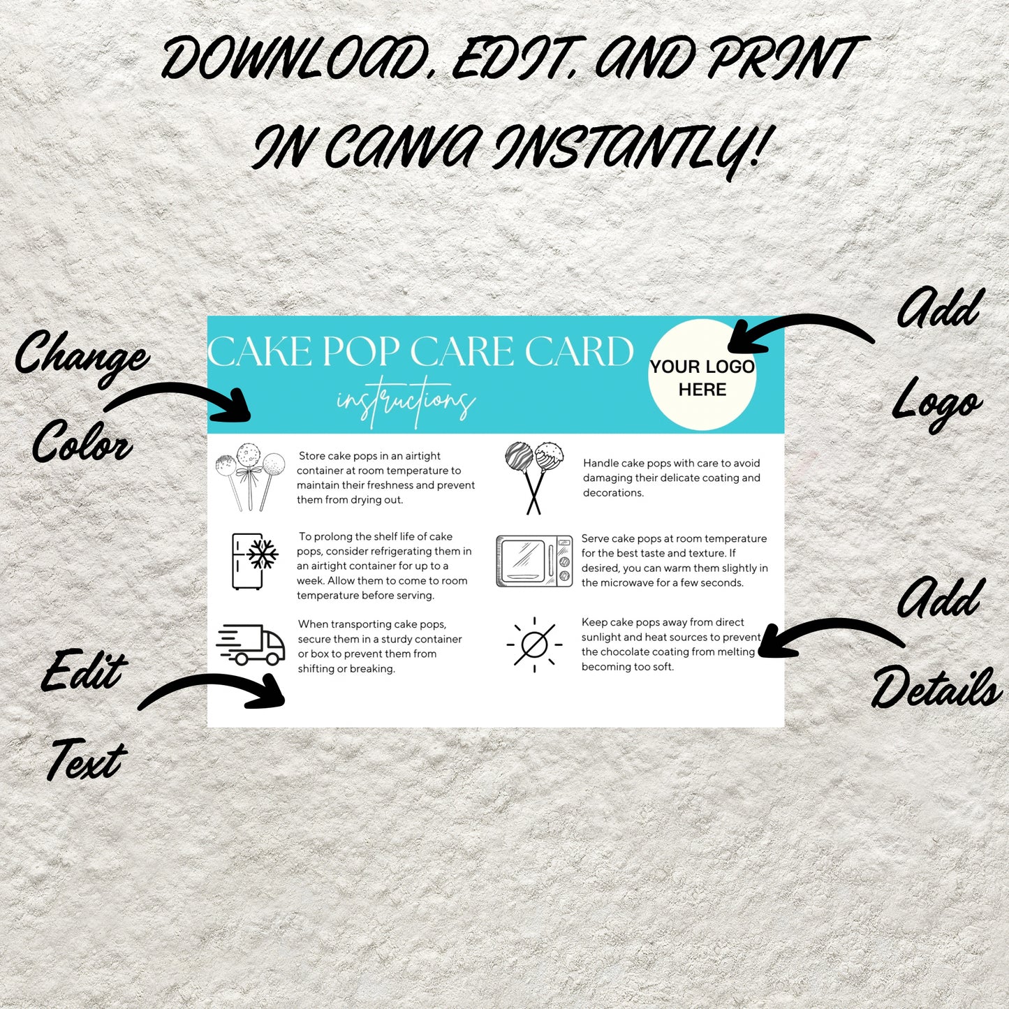 Cake Pop Care Card Canva Template Editable Cake Pops Care Instructions Cake Lolly Care Guide Printable Cake Pop Storage Order Inserts