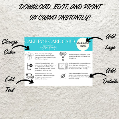 Cake Pop Care Card Canva Template Editable Cake Pops Care Instructions Cake Lolly Care Guide Printable Cake Pop Storage Order Inserts