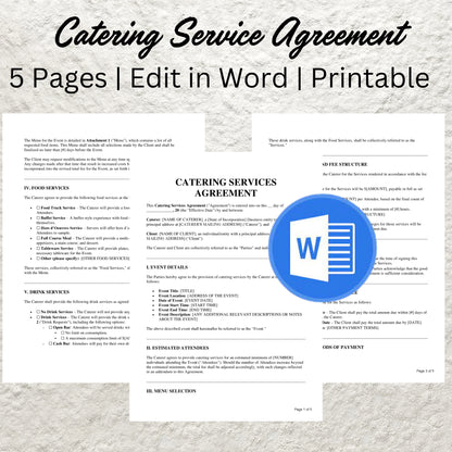 Catering Contract Template Editable Catering Services Agreement Printable Wedding Caterer Agreement Contract Event Catering Business Form