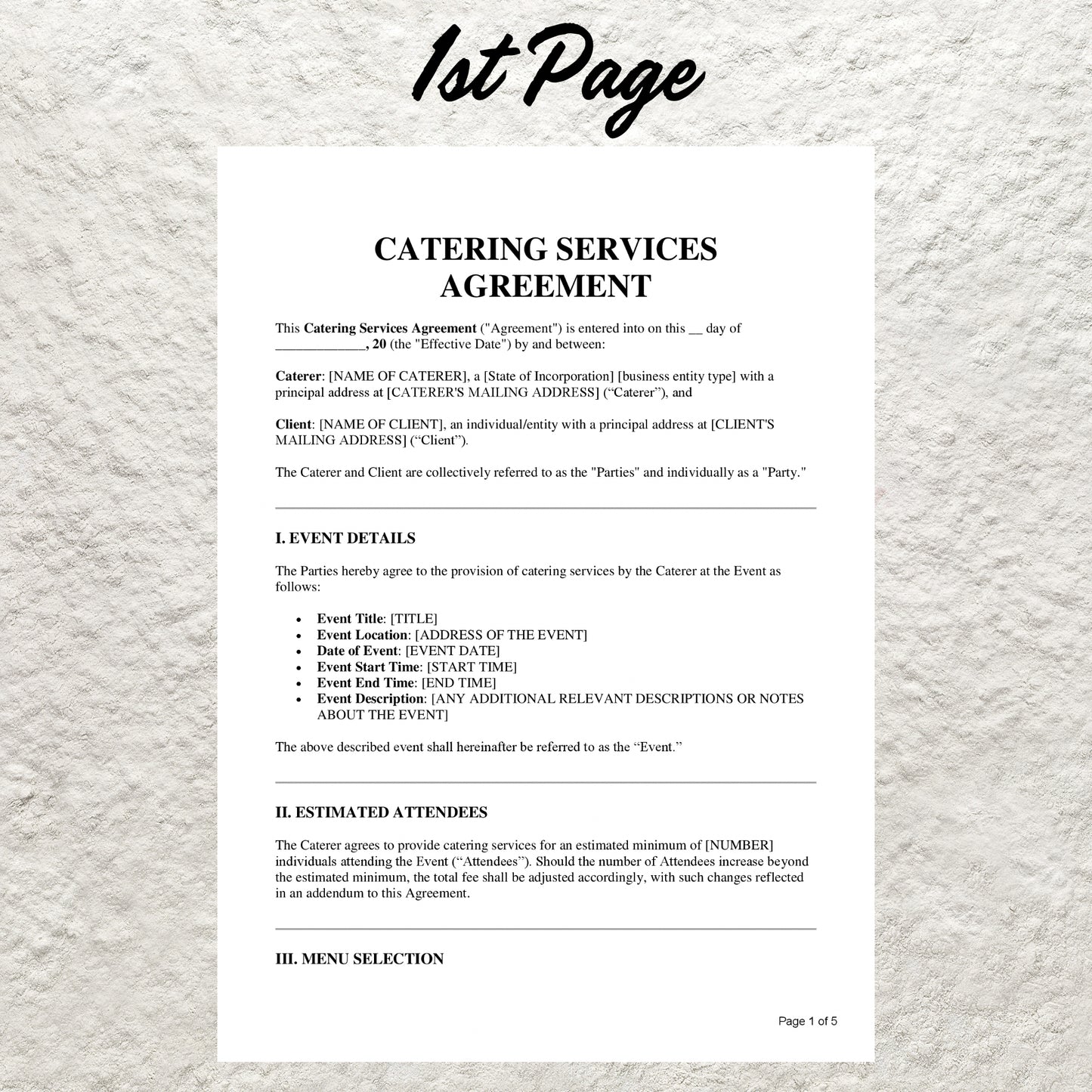 Catering Contract Template Editable Catering Services Agreement Printable Wedding Caterer Agreement Contract Event Catering Business Form