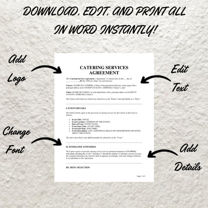 Catering Contract Template Editable Catering Services Agreement Printable Wedding Caterer Agreement Contract Event Catering Business Form