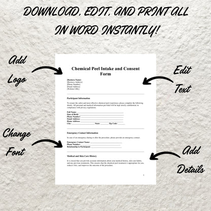 Chemical Peel Consent Form Template Editable Chemical Peel Client Intake Form Printable Chemical Peel Facial Consultation Form Salon Forms