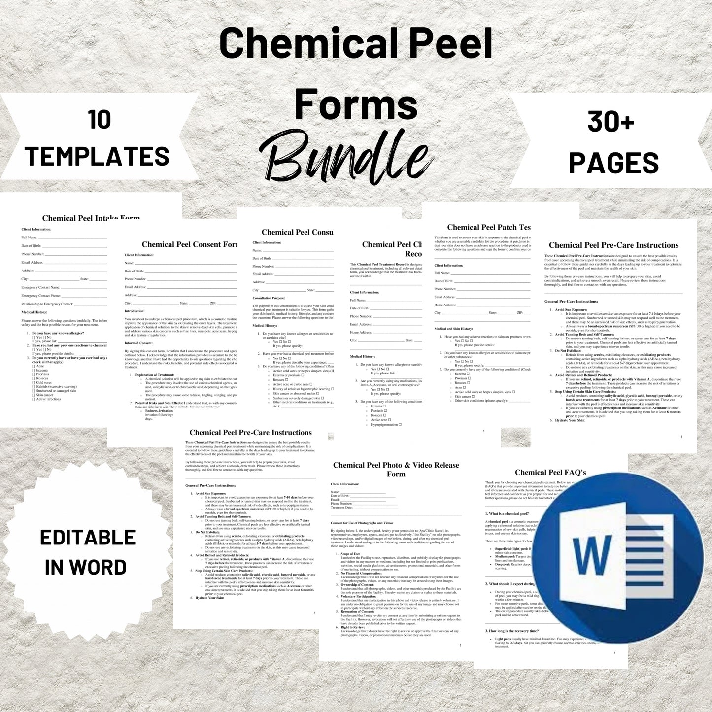 Chemical Peel Forms Bundle Editable Chemical Peel Consent Form Printable Chemical Peel Facial Consultation Peel Aftercare Facial Consent