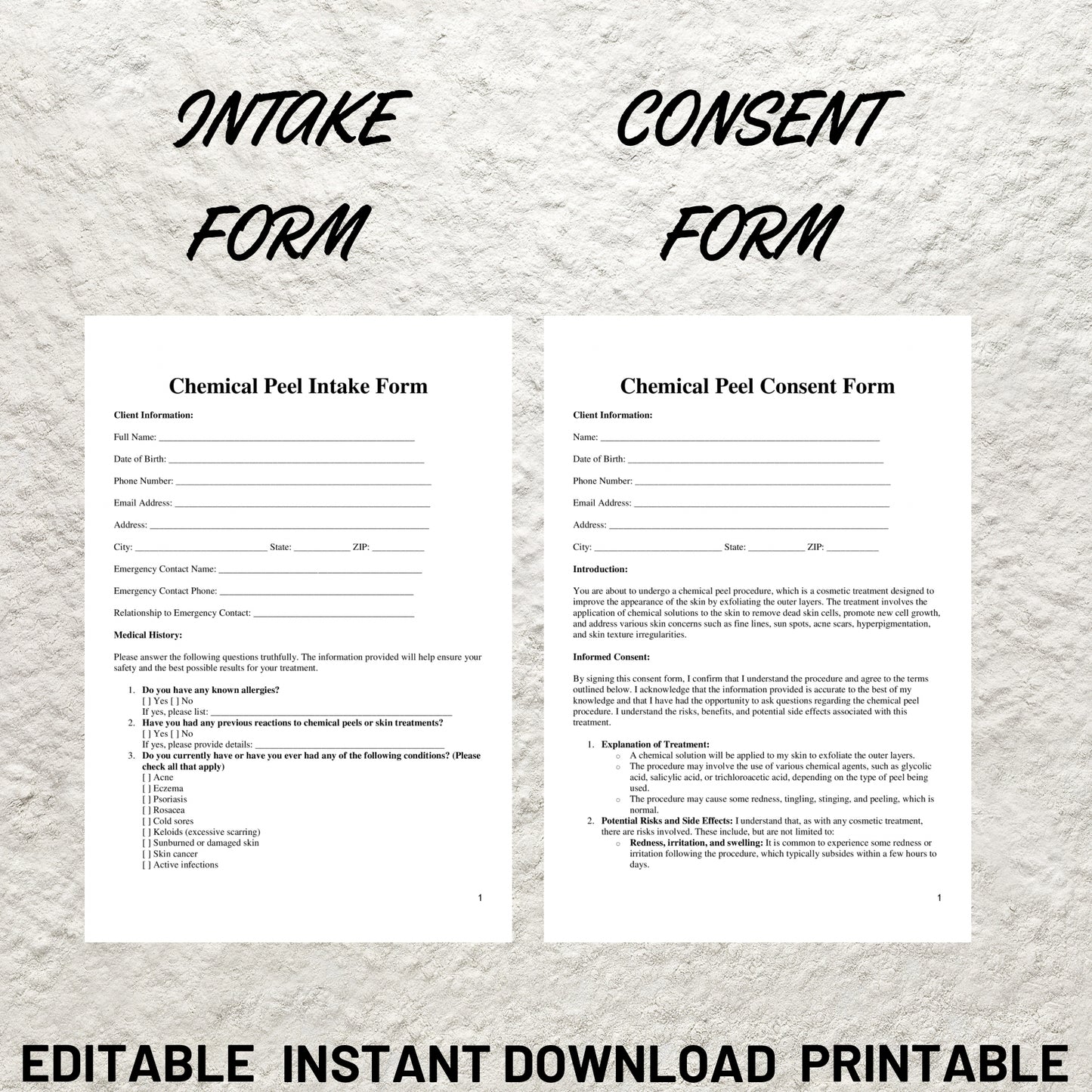 Chemical Peel Forms Bundle Editable Chemical Peel Consent Form Printable Chemical Peel Facial Consultation Peel Aftercare Facial Consent