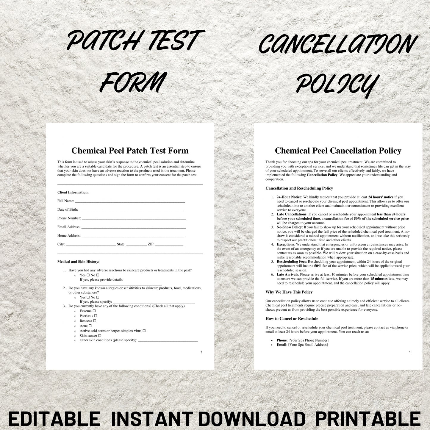 Chemical Peel Forms Bundle Editable Chemical Peel Consent Form Printable Chemical Peel Facial Consultation Peel Aftercare Facial Consent