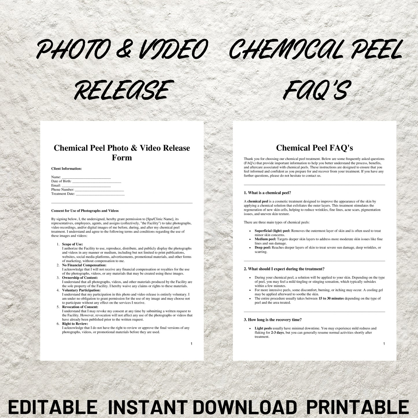 Chemical Peel Forms Bundle Editable Chemical Peel Consent Form Printable Chemical Peel Facial Consultation Peel Aftercare Facial Consent