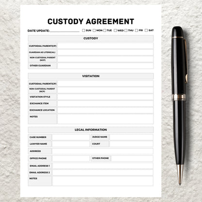 Child Custody Agreement Template Printable Co-Parenting Plan Planner Joint Custody Agreement Parenting Plan Form Child Custody Planner Form