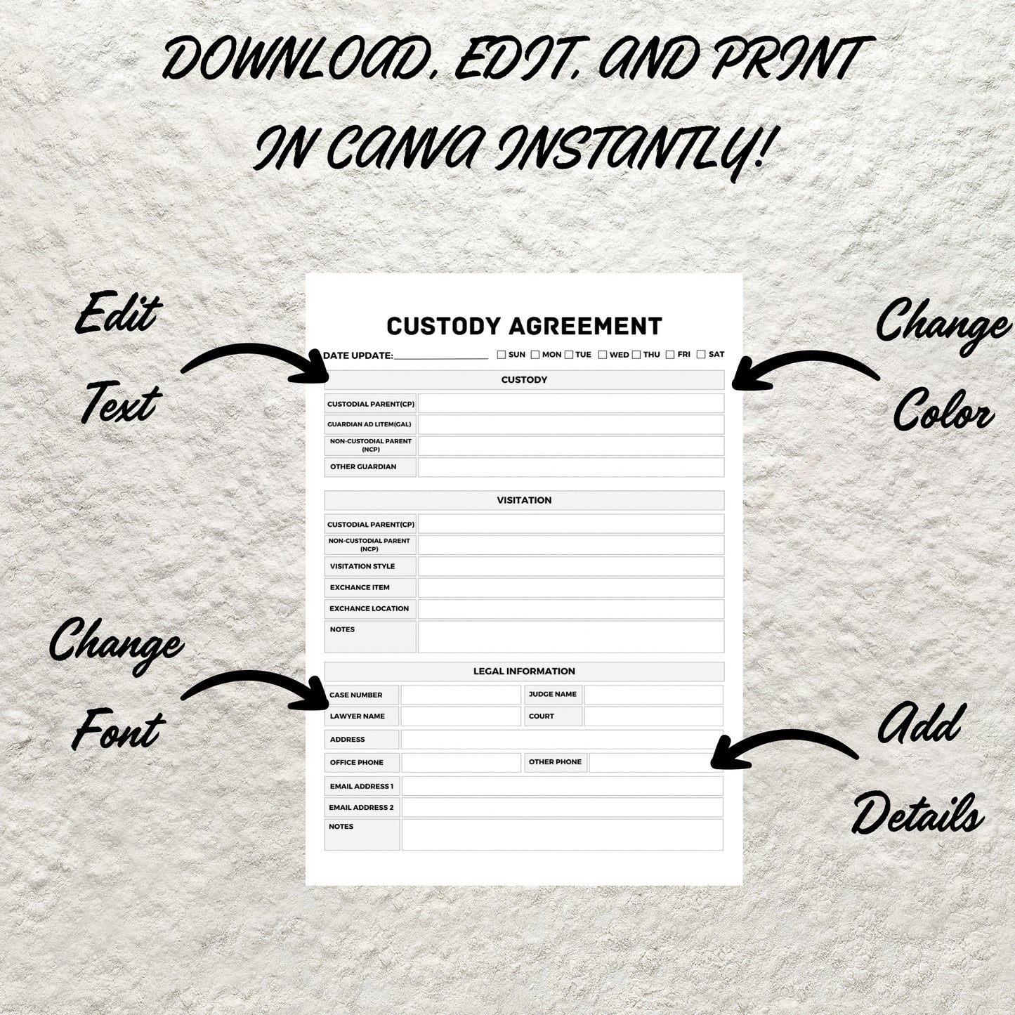 Child Custody Agreement Template Printable Co-Parenting Plan Planner Joint Custody Agreement Parenting Plan Form Child Custody Planner Form