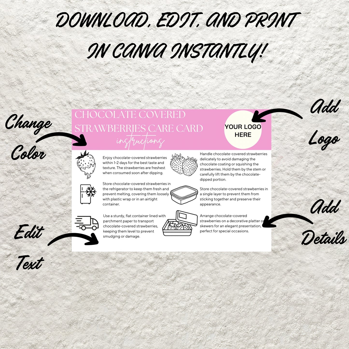 Chocolate Covered Strawberries Care Card Canva Template Editable Chocolate Dipped Strawberries Storage Instructions Care Guide Printable