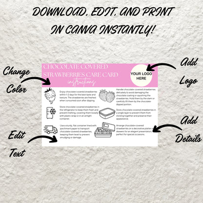 Chocolate Covered Strawberries Care Card Canva Template Editable Chocolate Dipped Strawberries Storage Instructions Care Guide Printable