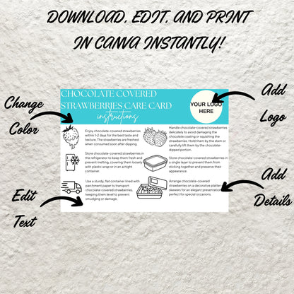 Chocolate Covered Strawberries Care Card Canva Template Editable Chocolate Dipped Strawberries Storage Instructions Care Guide Printable