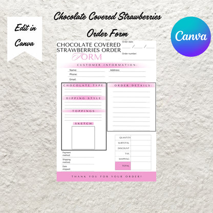 Chocolate Covered Strawberries Order Form Canva Template Printable Choc Strawberry Order Custom Order Form Sheet Instant Digital Download