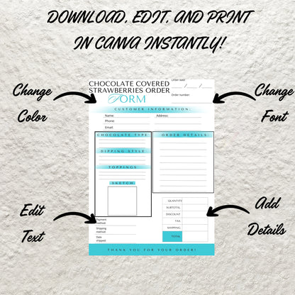 Chocolate Covered Strawberries Order Form Canva Template Printable Choc Strawberry Order Custom Order Form Sheet Instant Digital Download