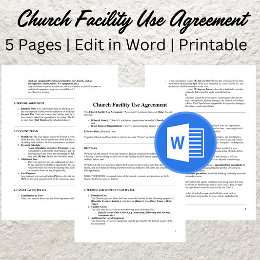 Church Facility Use Agreement Template Editable Church Rental Contract for Events, Weddings, Meetings Printable Church Facility Use Contract