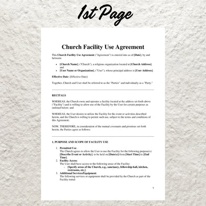 Church Facility Use Agreement Template Editable Church Rental Contract for Events, Weddings, Meetings Printable Church Facility Use Contract