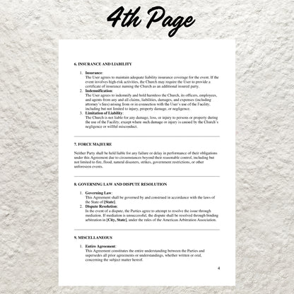 Church Facility Use Agreement Template Editable Church Rental Contract for Events, Weddings, Meetings Printable Church Facility Use Contract