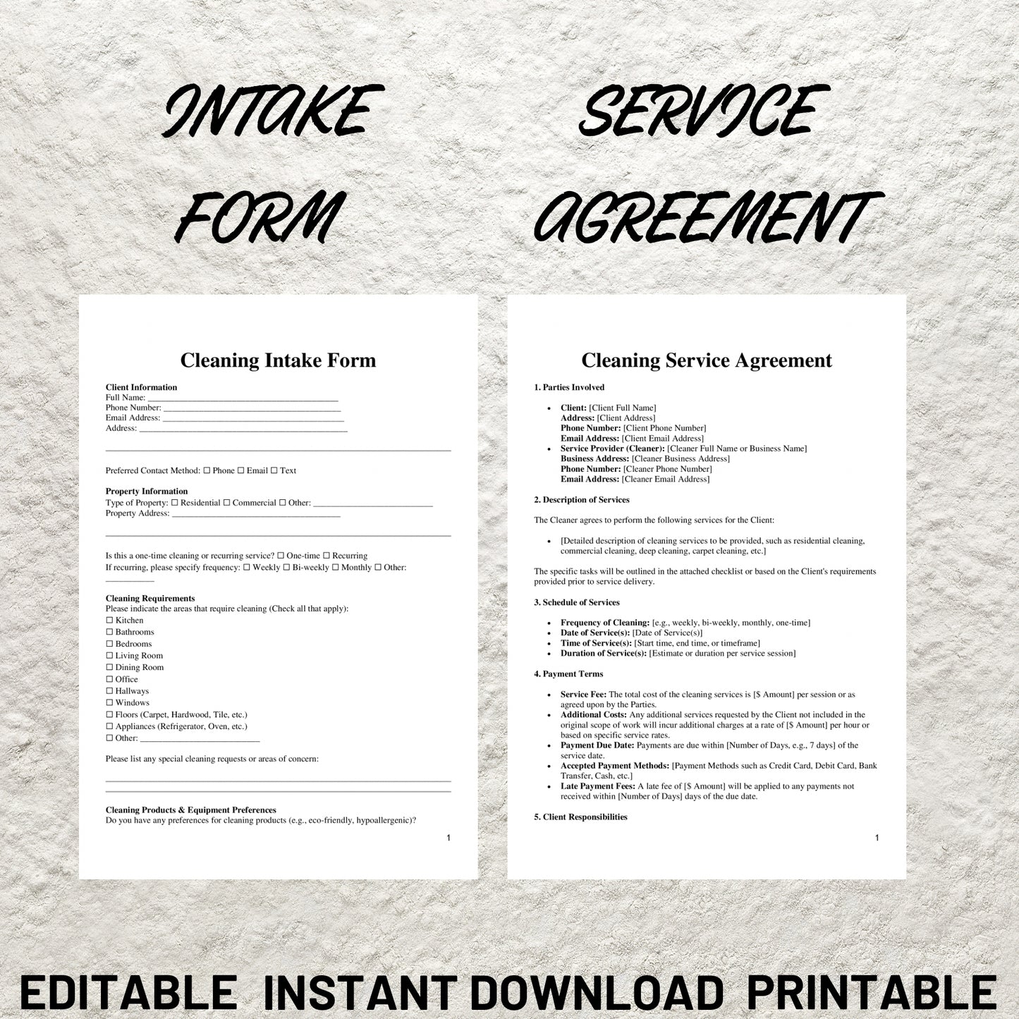 Cleaning Service Business Forms Bundle Editable Cleaning Service Agreement Printable Cleaning Service Intake Form Cleaning Checklist Forms