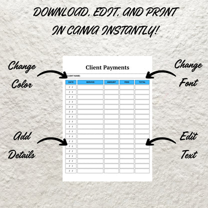 Client payment Tracker Template Printable Client Payment History Client Payment Log Sheet Small Business Finance Payment Form Client Service