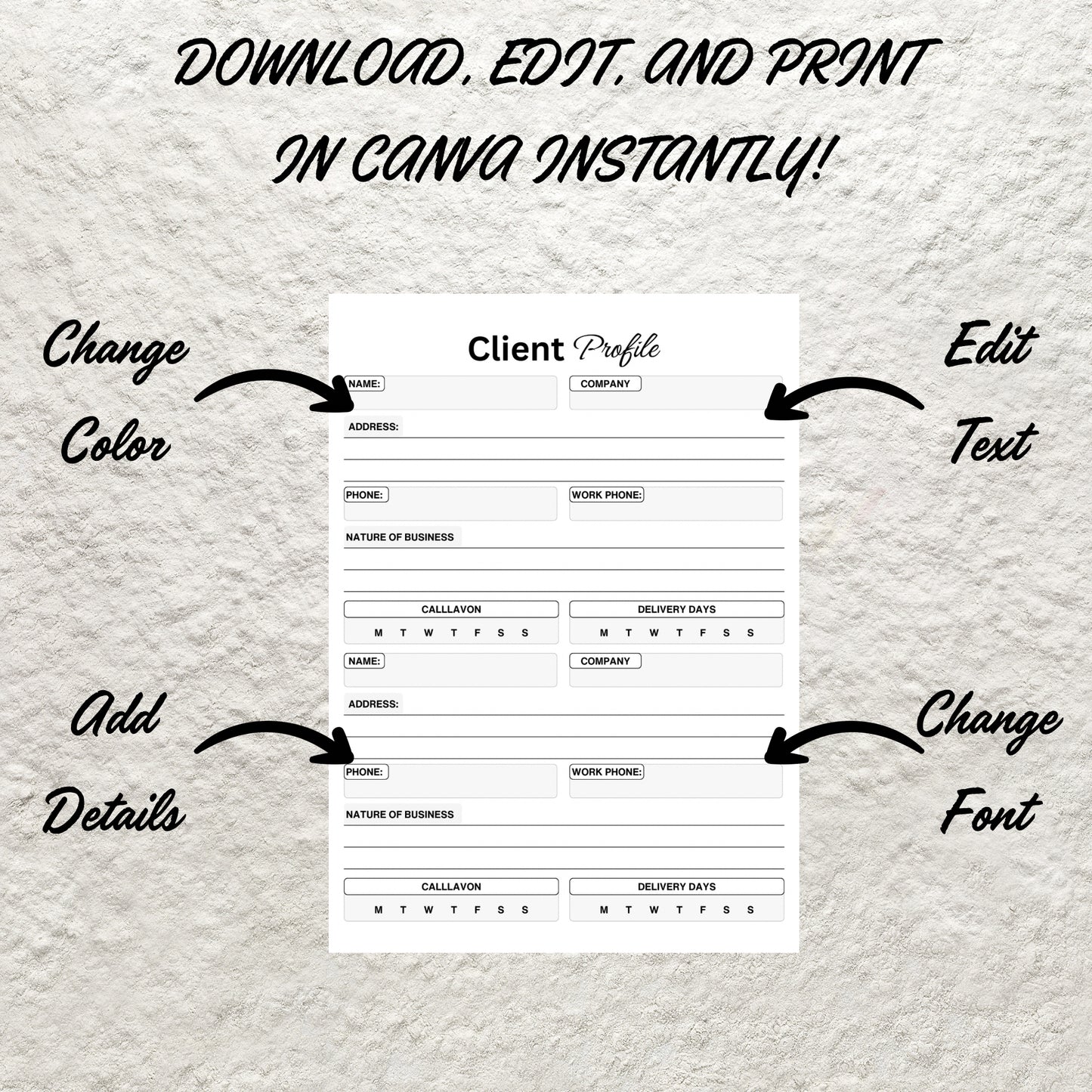 Client Profile Template Printable Business Client Information Tracking Sheet Customer Information Log Client Profile Record Intake Form