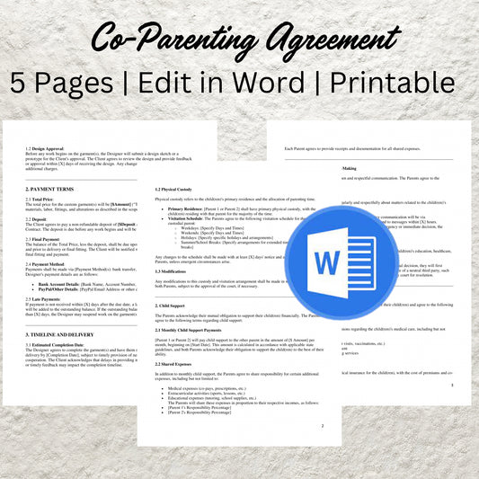 Co-Parenting Agreement Template Editable Parenting Plan Agreement Printable Joint Child Custody Agreement Co-Parenting Custody Contract Form