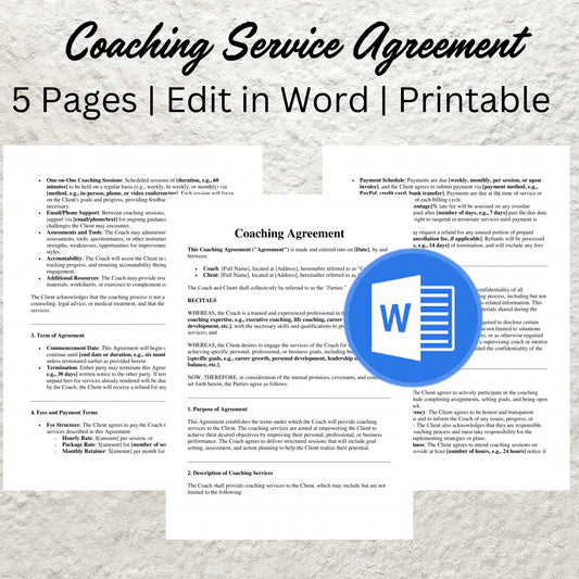 Coaching Contract Template Editable Coaching Service Contract Printable Life Coach Agreement Form Coaching Business Client Intake Form