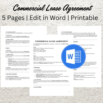 Commercial Lease Agreement Template Editable Commercial Property Lease Contract Printable Commercial Rental Agreement Simple Lease Agreement