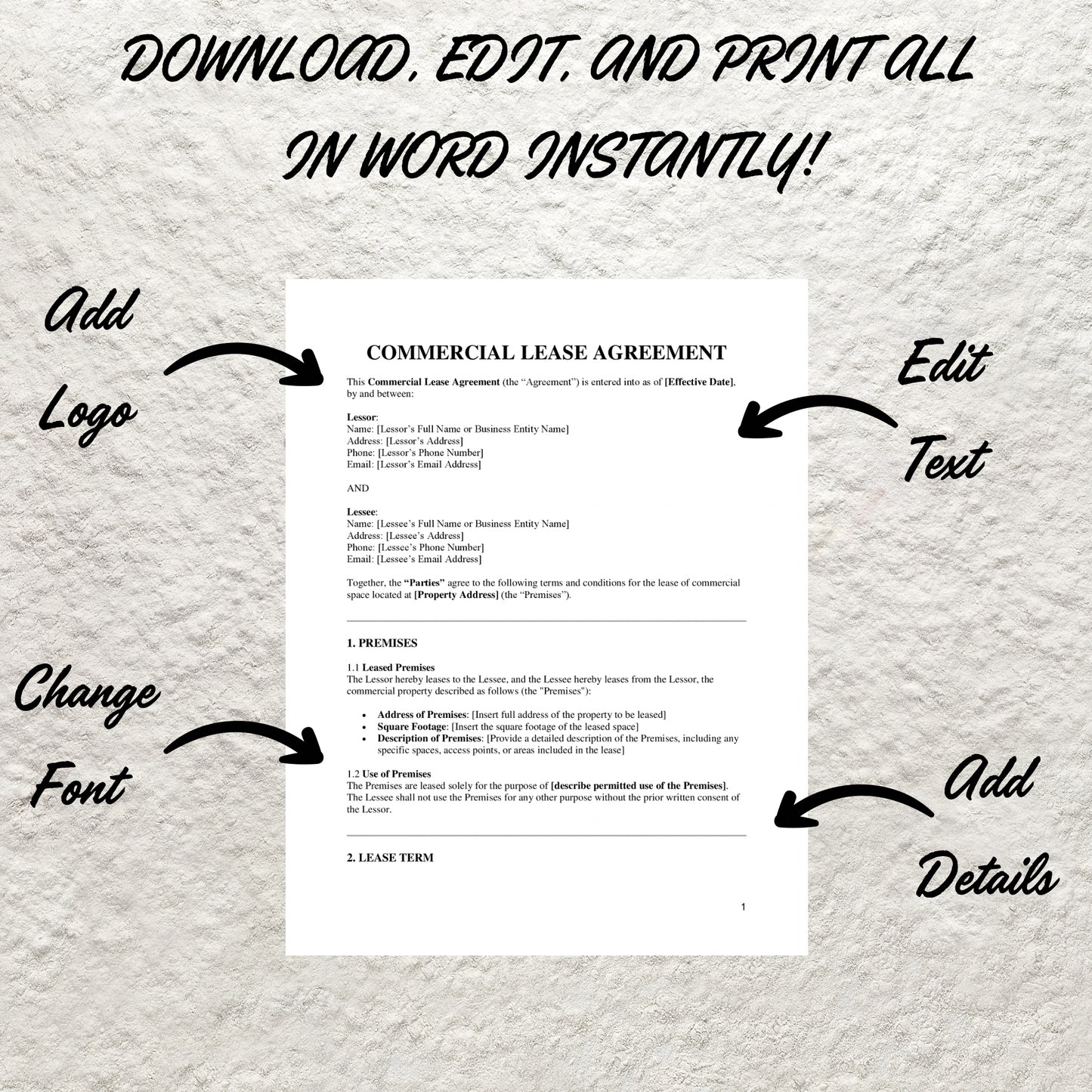 Commercial Lease Agreement Template Editable Commercial Property Lease Contract Printable Commercial Rental Agreement Simple Lease Agreement