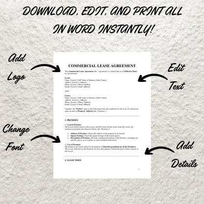 Commercial Lease Agreement Template Editable Commercial Property Lease Contract Printable Commercial Rental Agreement Simple Lease Agreement