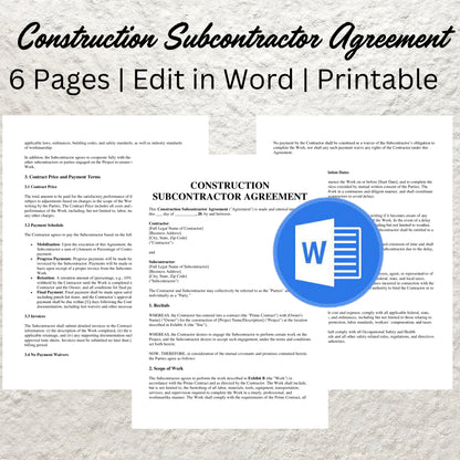 Construction Subcontractor Contract Template Editable Subcontractor Agreement Form Printable Construction Subcontractor Per Job Agreement