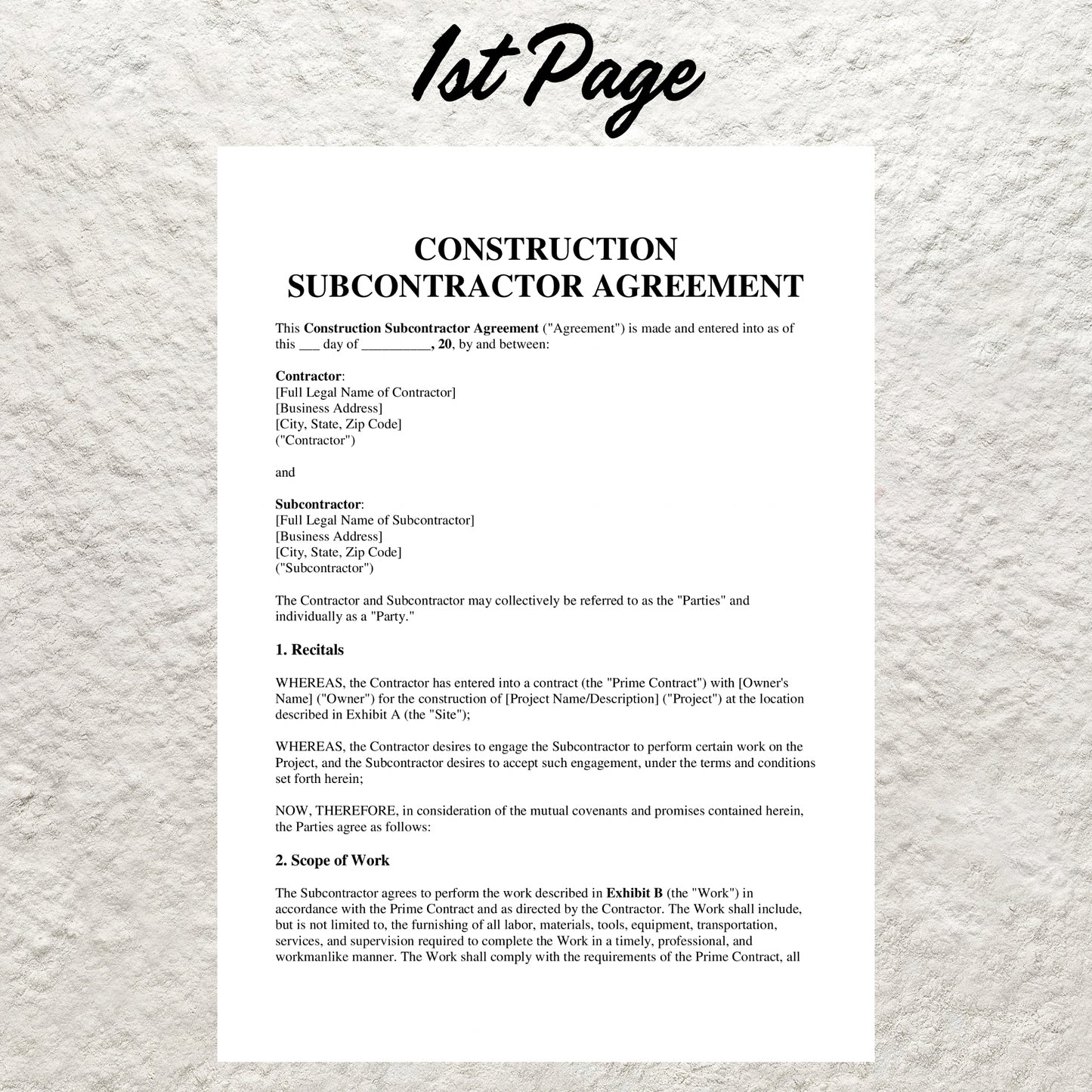 Construction Subcontractor Contract Template Editable Subcontractor Agreement Form Printable Construction Subcontractor Per Job Agreement