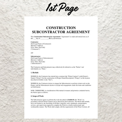 Construction Subcontractor Contract Template Editable Subcontractor Agreement Form Printable Construction Subcontractor Per Job Agreement