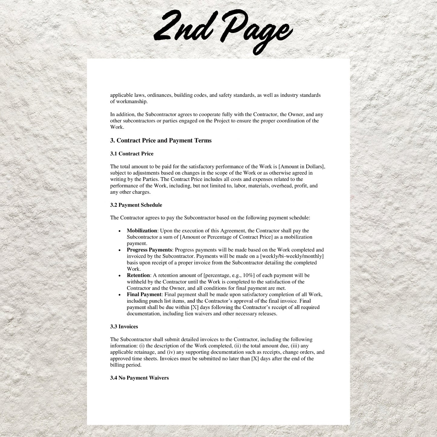 Construction Subcontractor Contract Template Editable Subcontractor Agreement Form Printable Construction Subcontractor Per Job Agreement