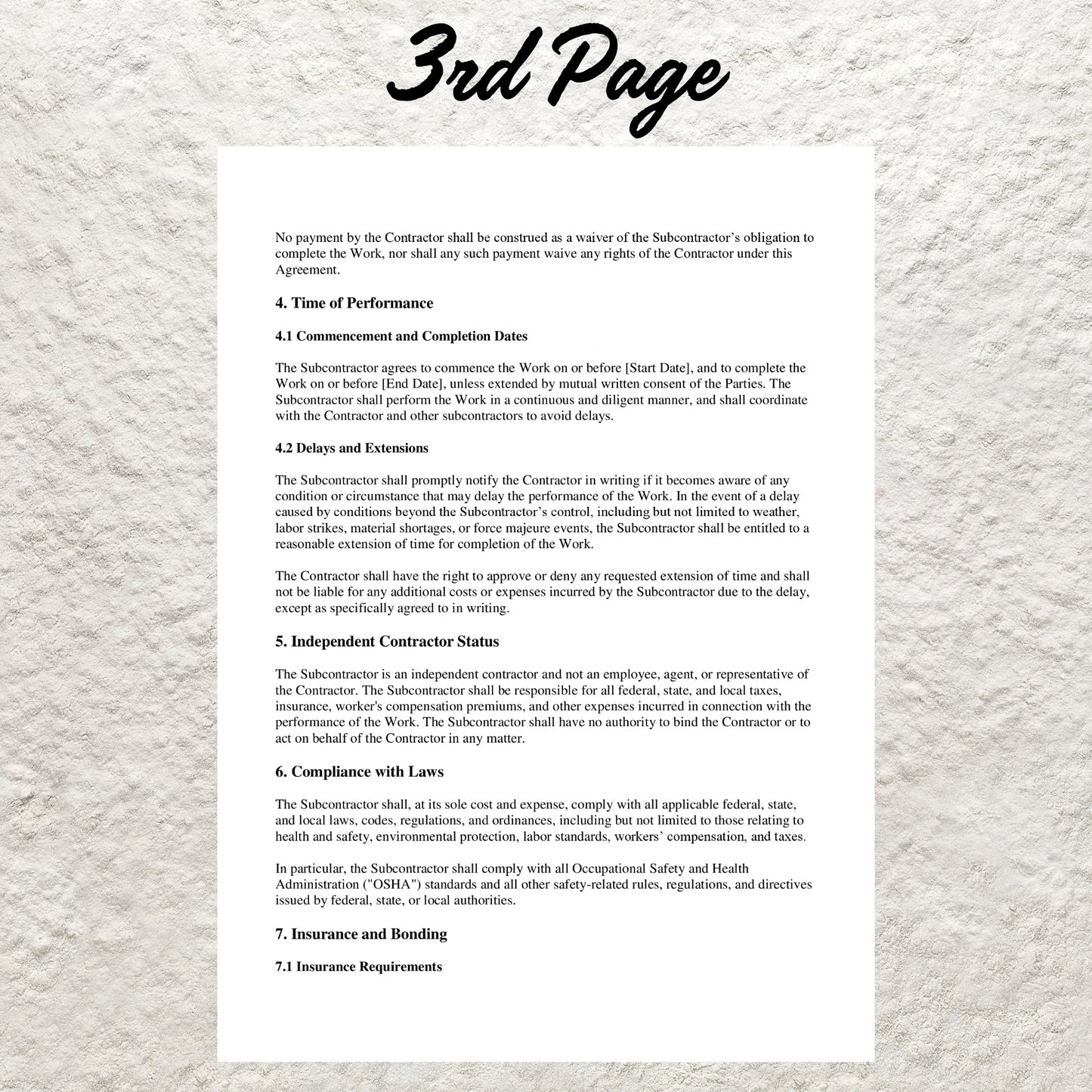 Construction Subcontractor Contract Template Editable Subcontractor Agreement Form Printable Construction Subcontractor Per Job Agreement