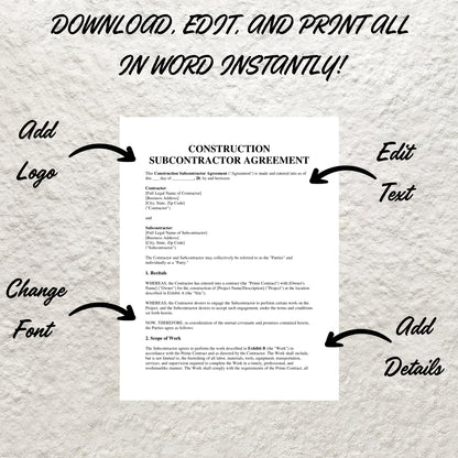 Construction Subcontractor Contract Template Editable Subcontractor Agreement Form Printable Construction Subcontractor Per Job Agreement