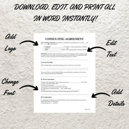 Consultant Contract Template Editable Consulting Agreement Form Printable Professional Consulting Service Contract Consultation Agreement