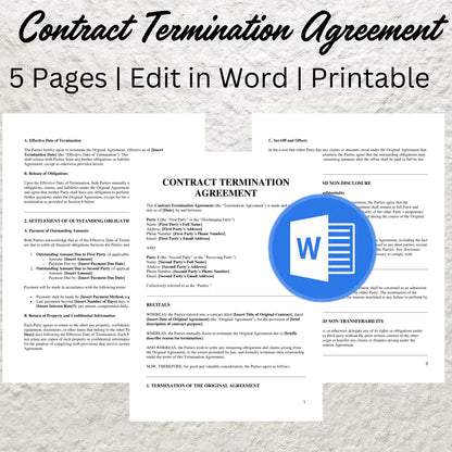 Contract Termination Agreement Template Editable Termination of Contract Printable Terminate Employment Letter Notice of Termination Form