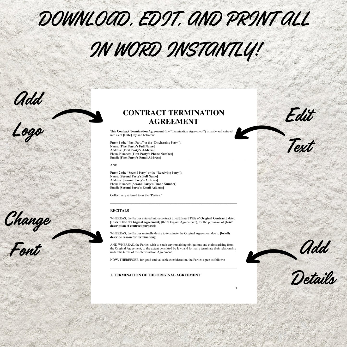 Contract Termination Agreement Template Editable Termination of Contract Printable Terminate Employment Letter Notice of Termination Form