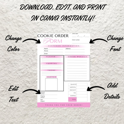 Cookie Order Form Template Editable in Canva Bakery Order Form Receipt Custom Cookie Order Form Small Cookie Business Order Form Printable