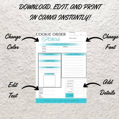 Cookie Order Form Template Editable in Canva Bakery Order Form Receipt Custom Cookie Order Form Small Cookie Business Order Form Printable