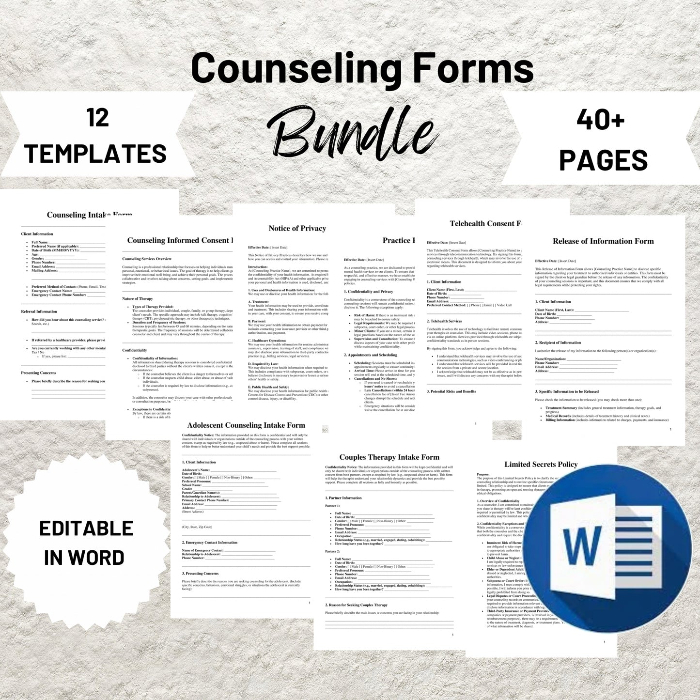 Counseling Forms Bundle Editable Counseling Intake Form Printable Counseling Informed Consent Form Psychotherapy Mental Health Intake Forms