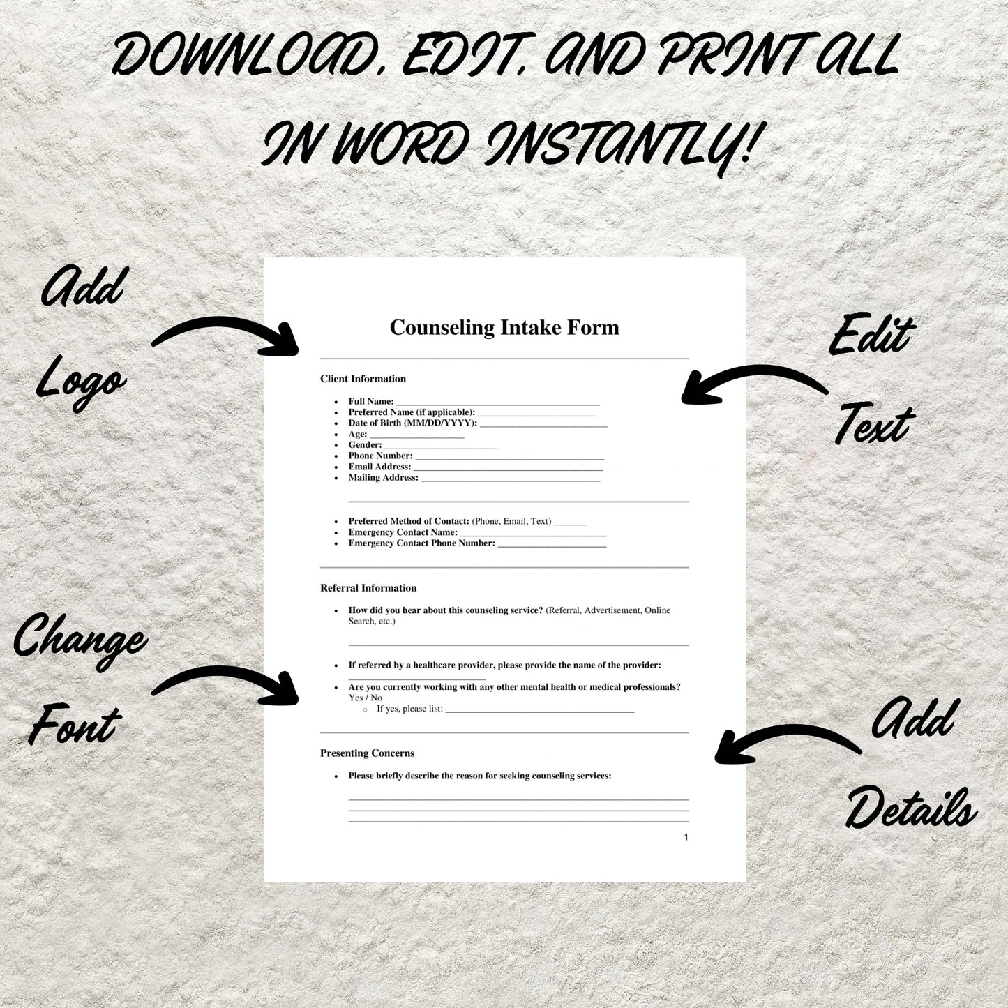 Counseling Forms Bundle Editable Counseling Intake Form Printable Counseling Informed Consent Form Psychotherapy Mental Health Intake Forms