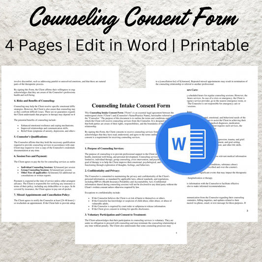 Counseling Intake Form Template Editable Informed Consent Form Printable Mental Health Client Intake Form Psychotherapy Client Consent Form