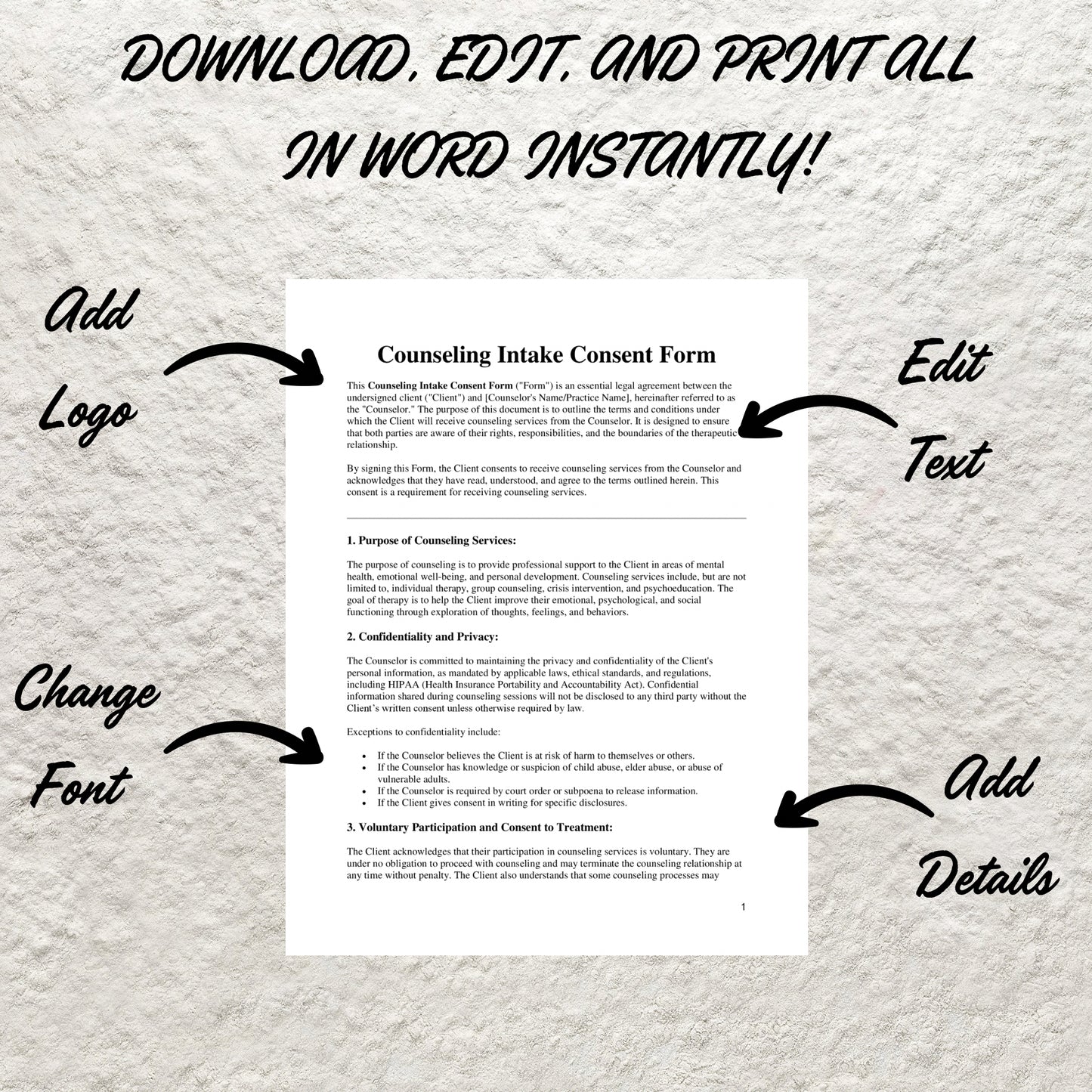 Counseling Intake Form Template Editable Informed Consent Form Printable Mental Health Client Intake Form Psychotherapy Client Consent Form