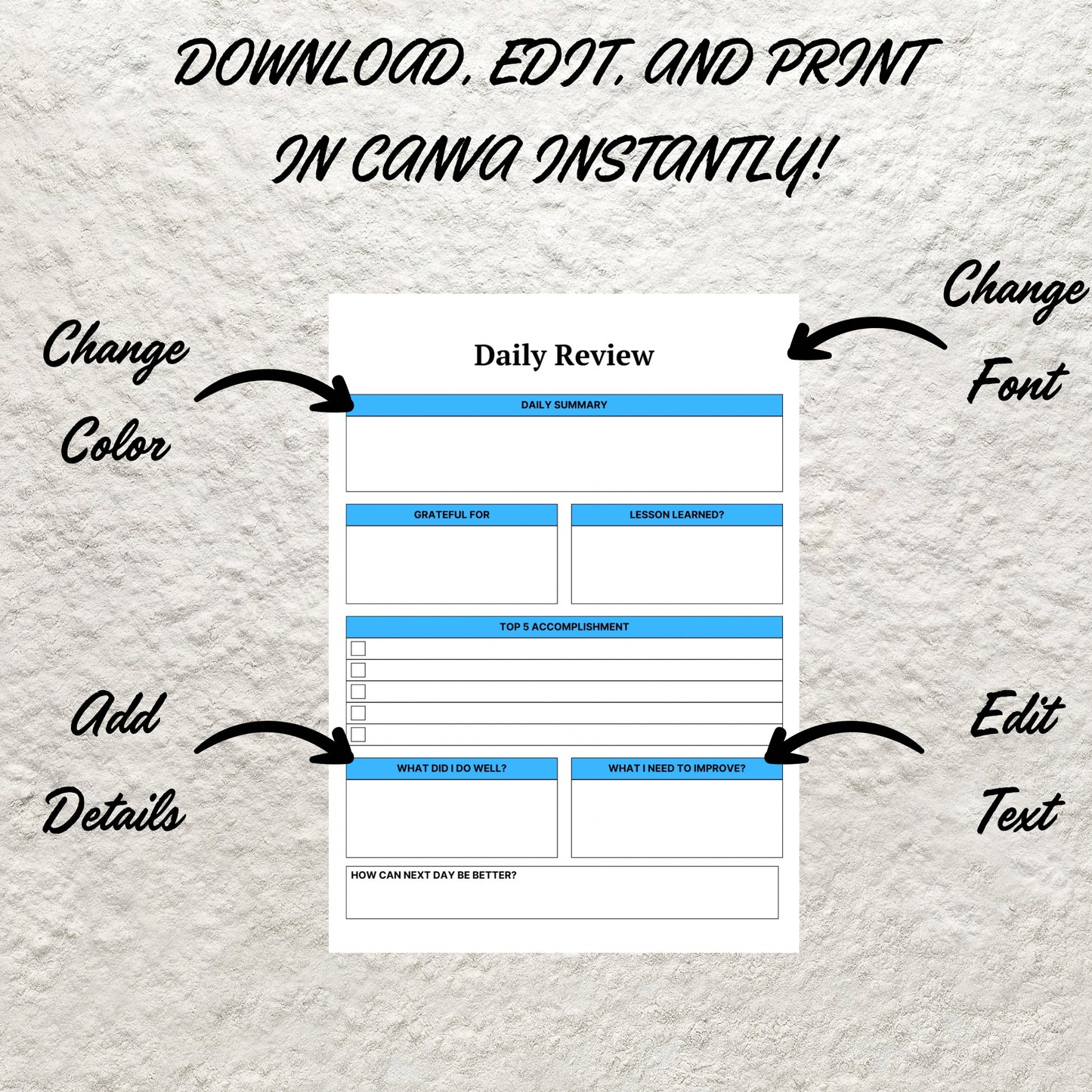 Daily Review Template Printable Daily Reflection Journal Editable Daily Evolution Daily Summary Daily Check In Daily Gratitude Planner